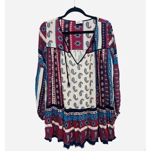 Suboo Paisley Print Red White Blue Boho Hippie Mini Dress Size 2 Long Sleeve